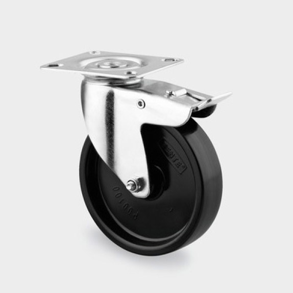Bürostuhlrolle in schwarzer Ausführung mit robustem Metallgehäuse. Die Rolle besteht aus einem schwarzen Kunststoffrad mit einer verchromten Halterung und integrierter Bremsfunktion. Die Montageplatte ist quadratisch und aus stabilem Metall gefertigt.