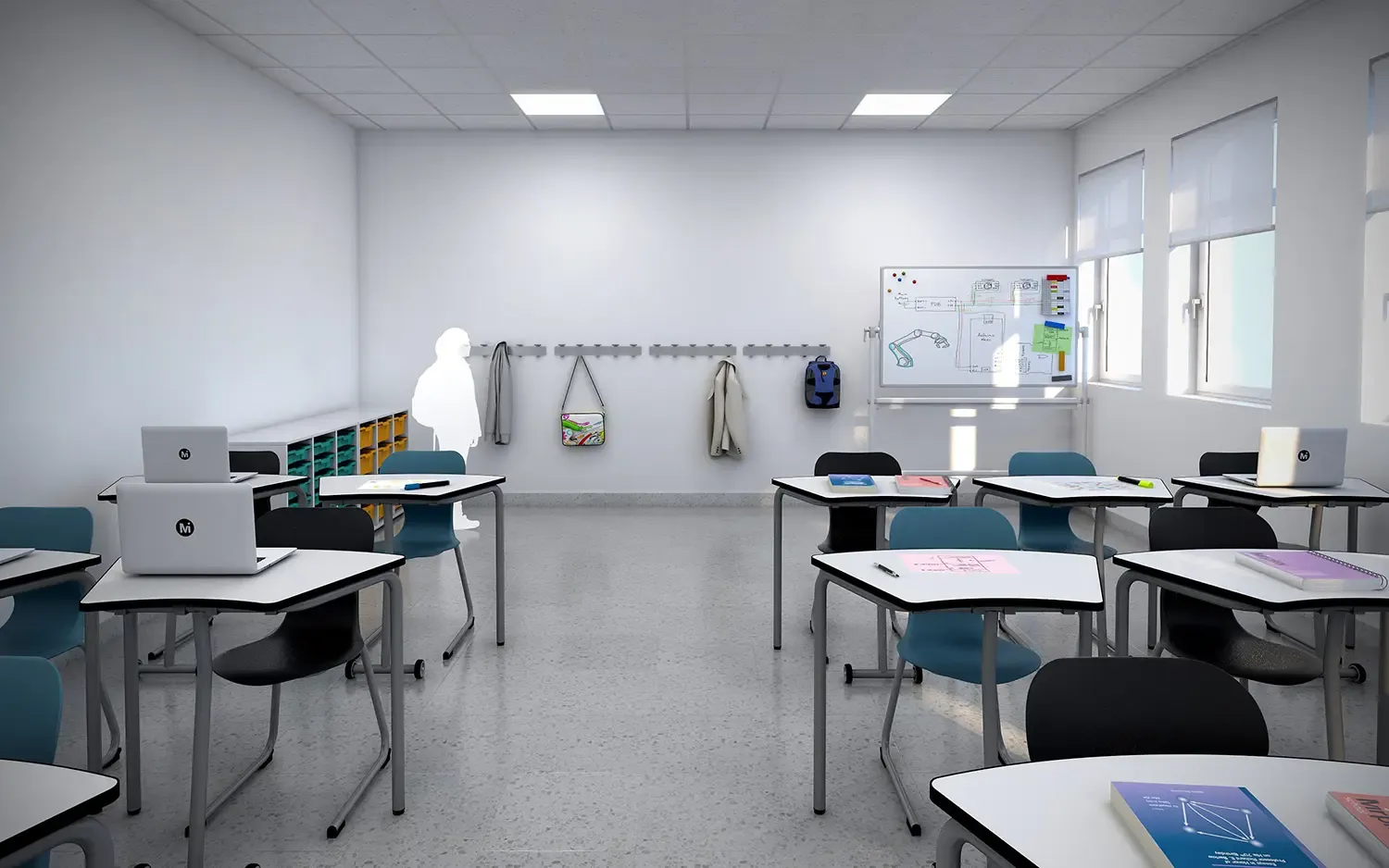 Trapezförmiger Schultisch Mit Aluminium Gestell Im Klassenzimmer